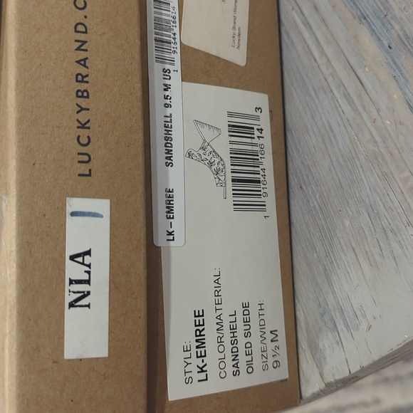 Lucky Brand Emree Suede Open Peep Toe Cone Heel Mule sandshell EEuc - Picture 3 of 8